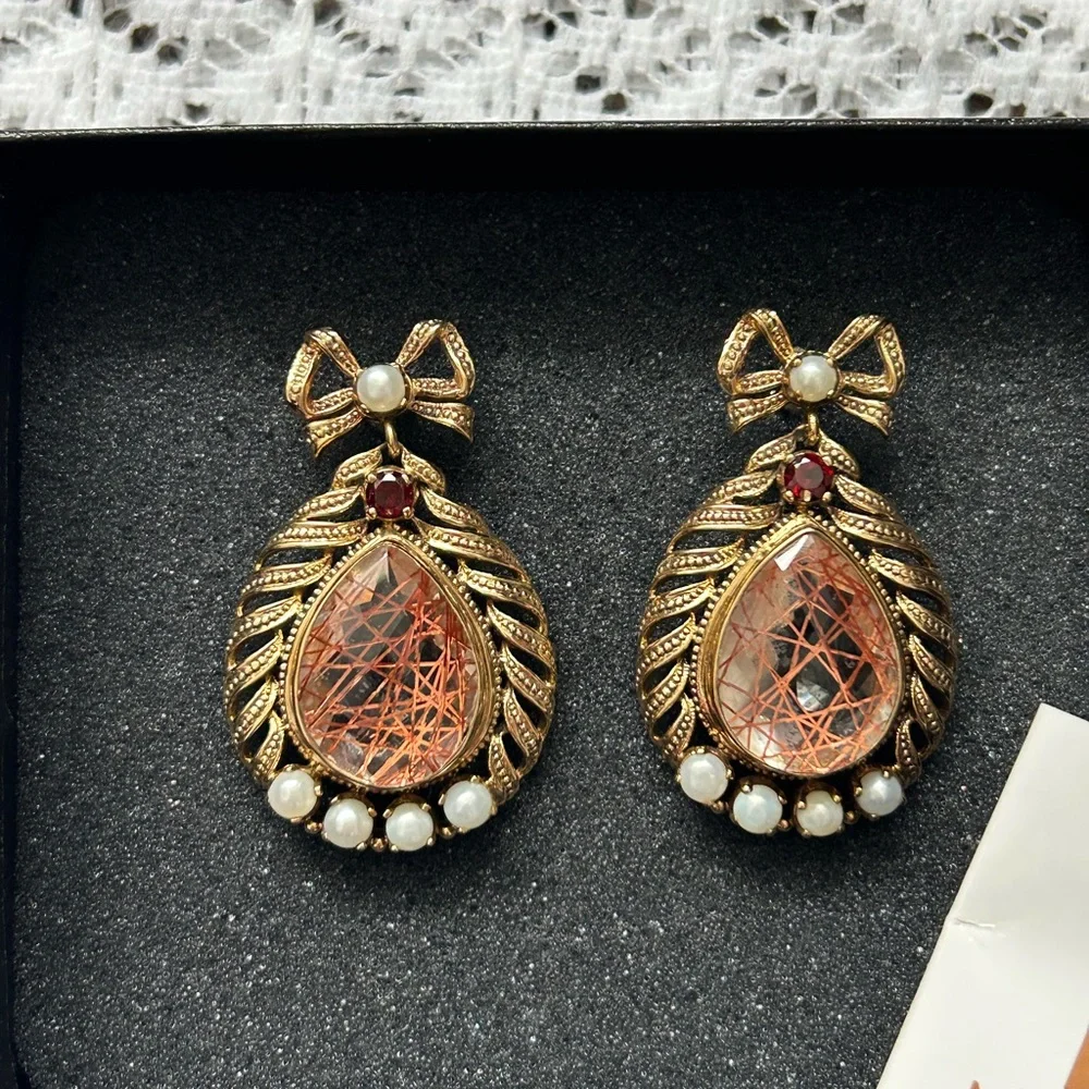 Nicky Butler Gold Tone Quartz, Pearl, And Garnet Bow Drop Dangle Earrings - Picture 2 of 3